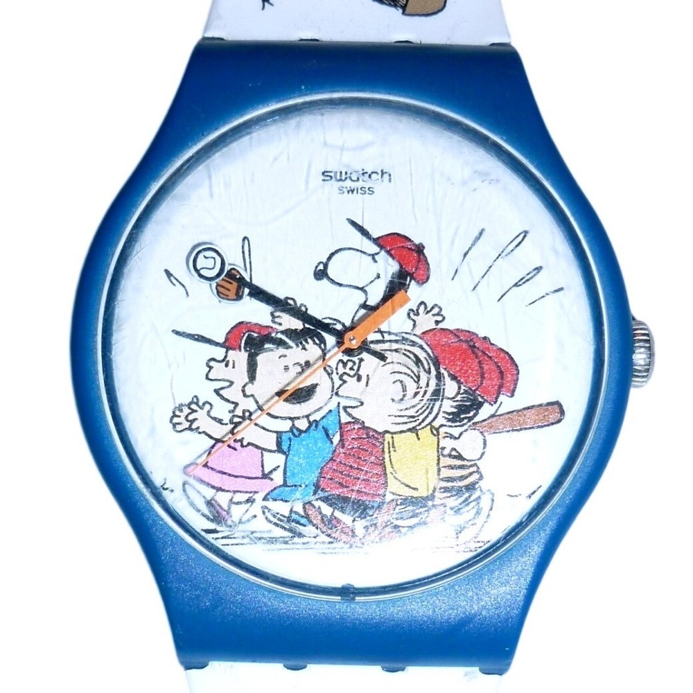 Vintage Swatch Peanuts Snoopy Baseball Watch Blue White Charlie Brown 34mm